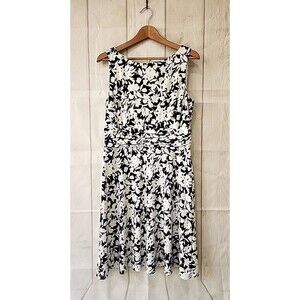 Chaps Dress Women's Large Floral Print Sleeveless Black White Ruched Waist Midi